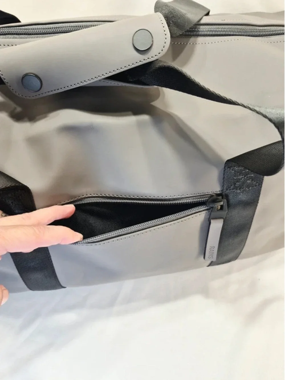 Rains Trail Gym Duffle Bag in Gray Shoulder Strap Waterproof